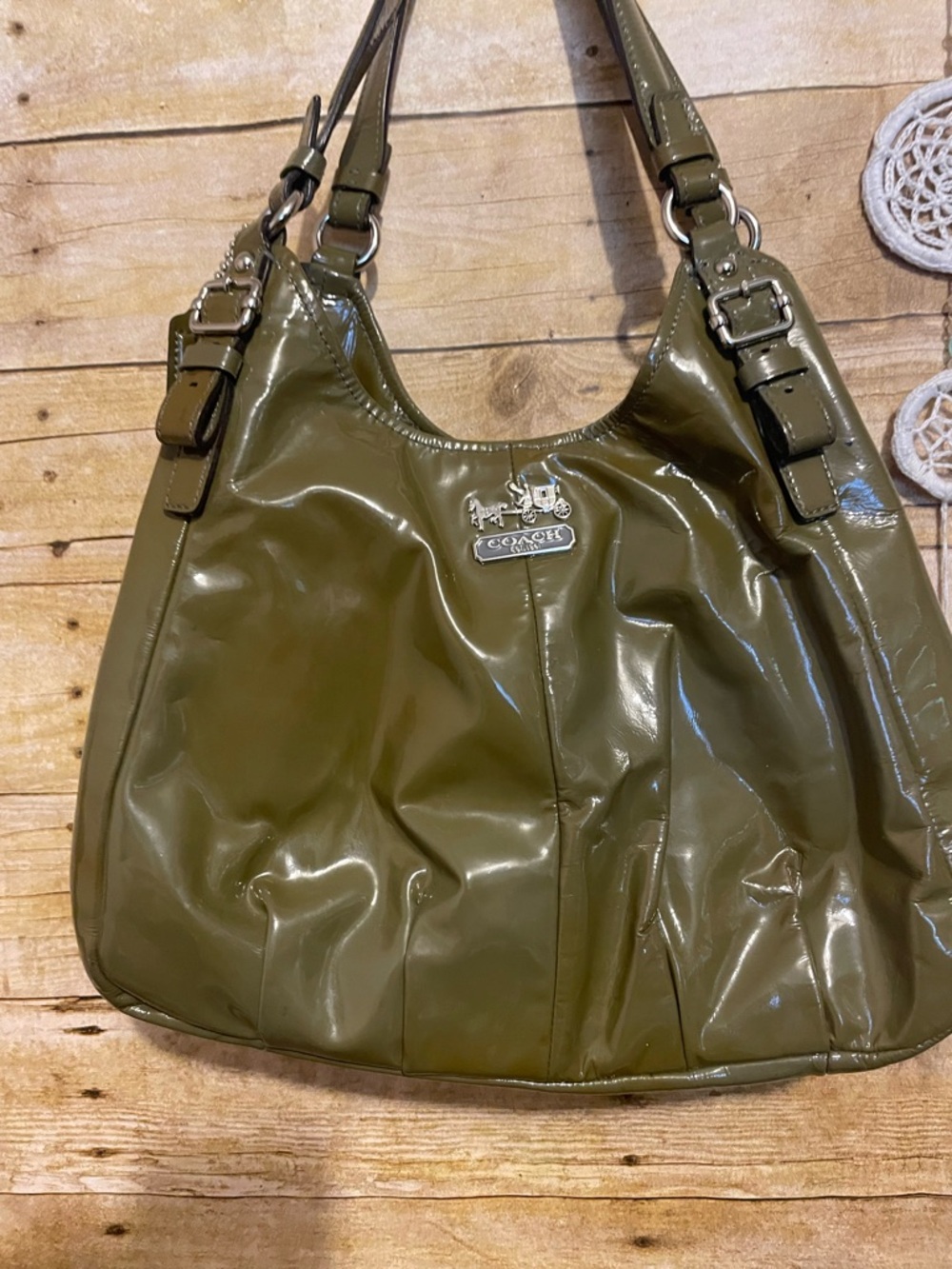 COACH Madison Glossy Olive Green Satchel Bag Hobo Shoulder Purse - Picture 4 of 11